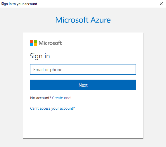 Azure login dialog