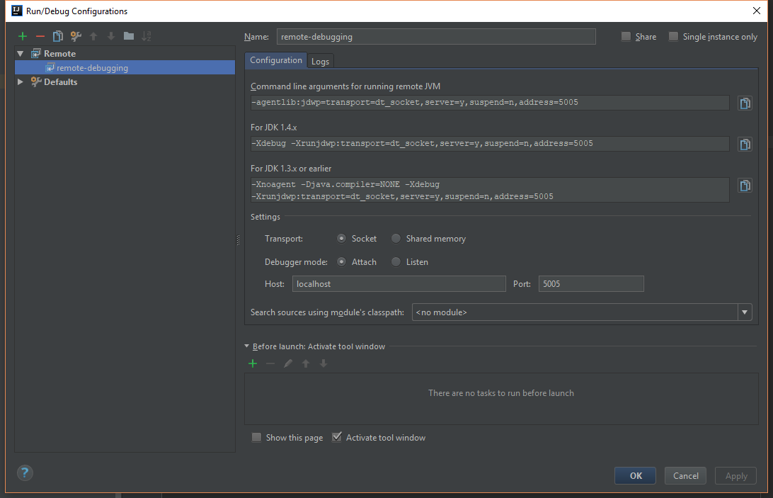 IntelliJ IDEA remote debug configuration